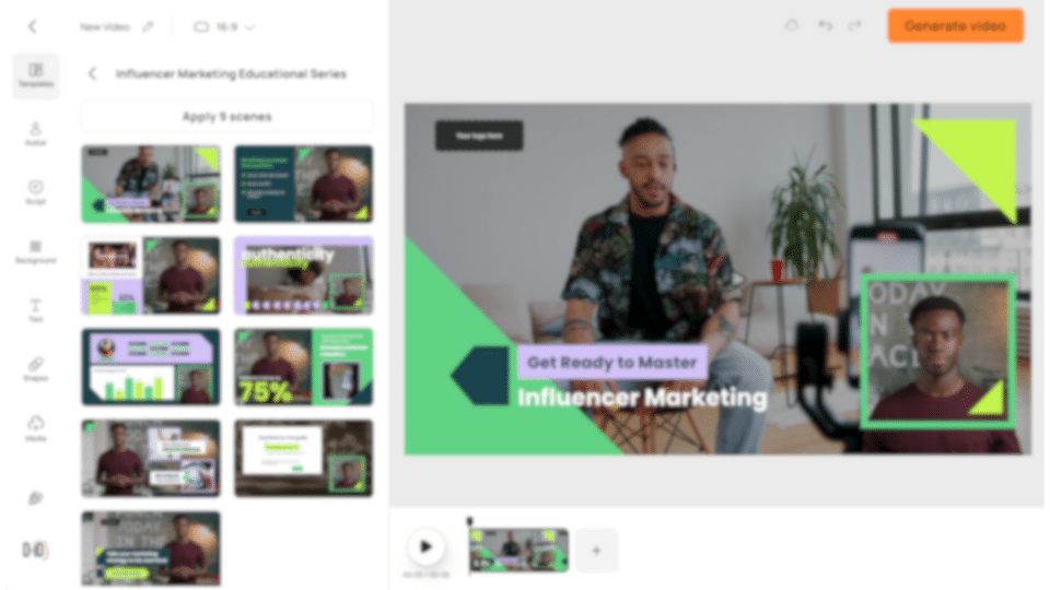 A video editing software interface displays an educational video series on influencer marketing, showing various video scene thumbnails and editing tools on the screen.