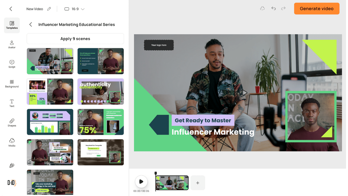 A video editing interface displays an educational video titled "Get Ready to Master Influencer Marketing," featuring two men talking on camera with various scene previews on the left.