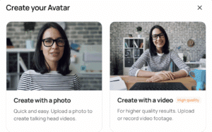 Screenshot showing two options for creating an avatar: "Create with a photo" using a headshot, and "Create with a video" for higher quality, both featuring a woman in glasses and a striped shirt.