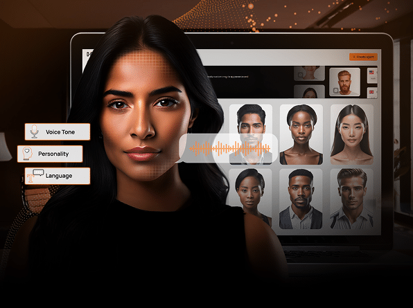 A woman stands in front of a computer screen displaying diverse profile photos and options for voice tone, personality, and language settings.
