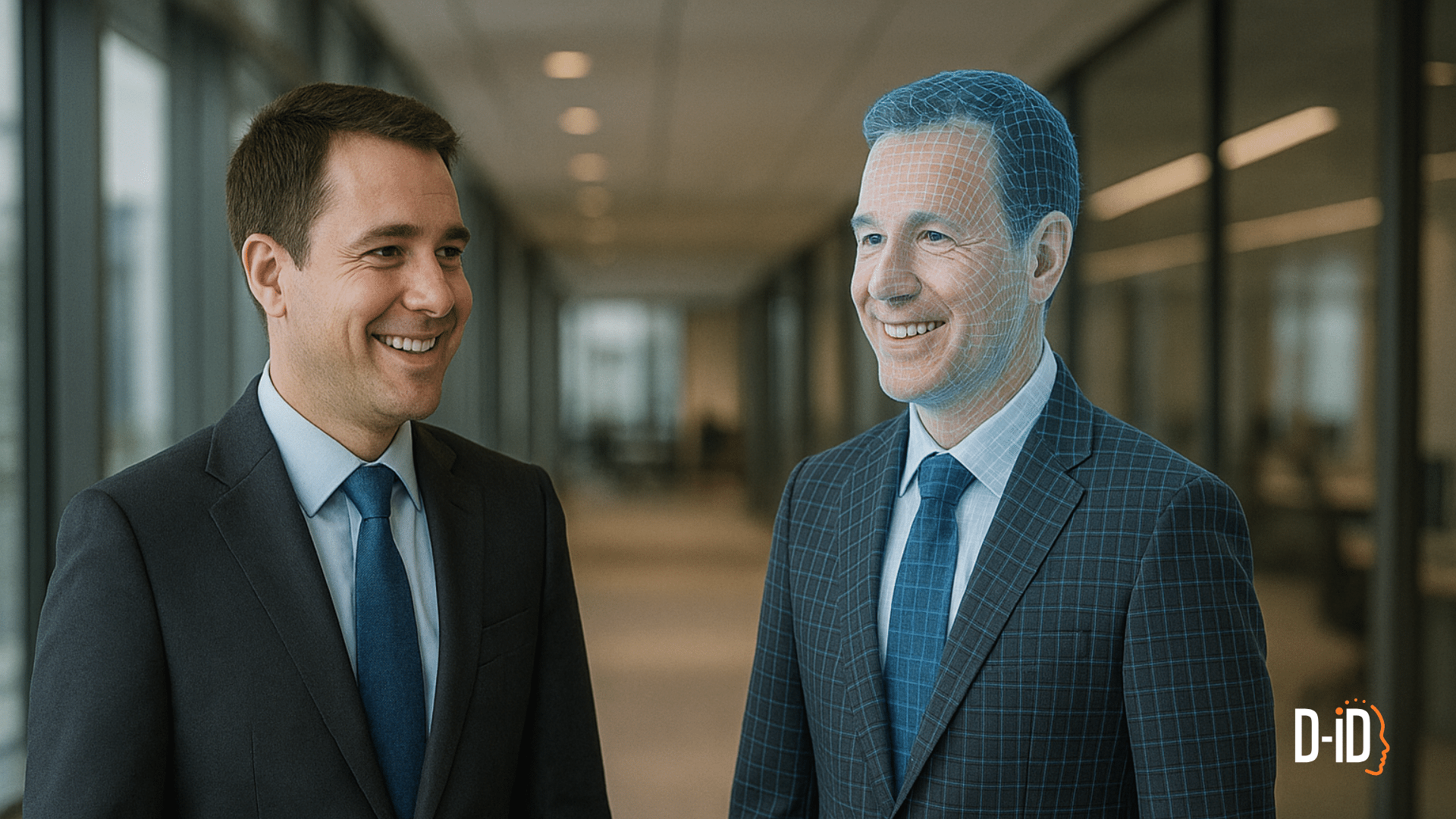 Two men in suits stand in a hallway; one is realistic, while the other has a digital wireframe overlay on his face and body. The D-ID logo is visible in the bottom right corner.