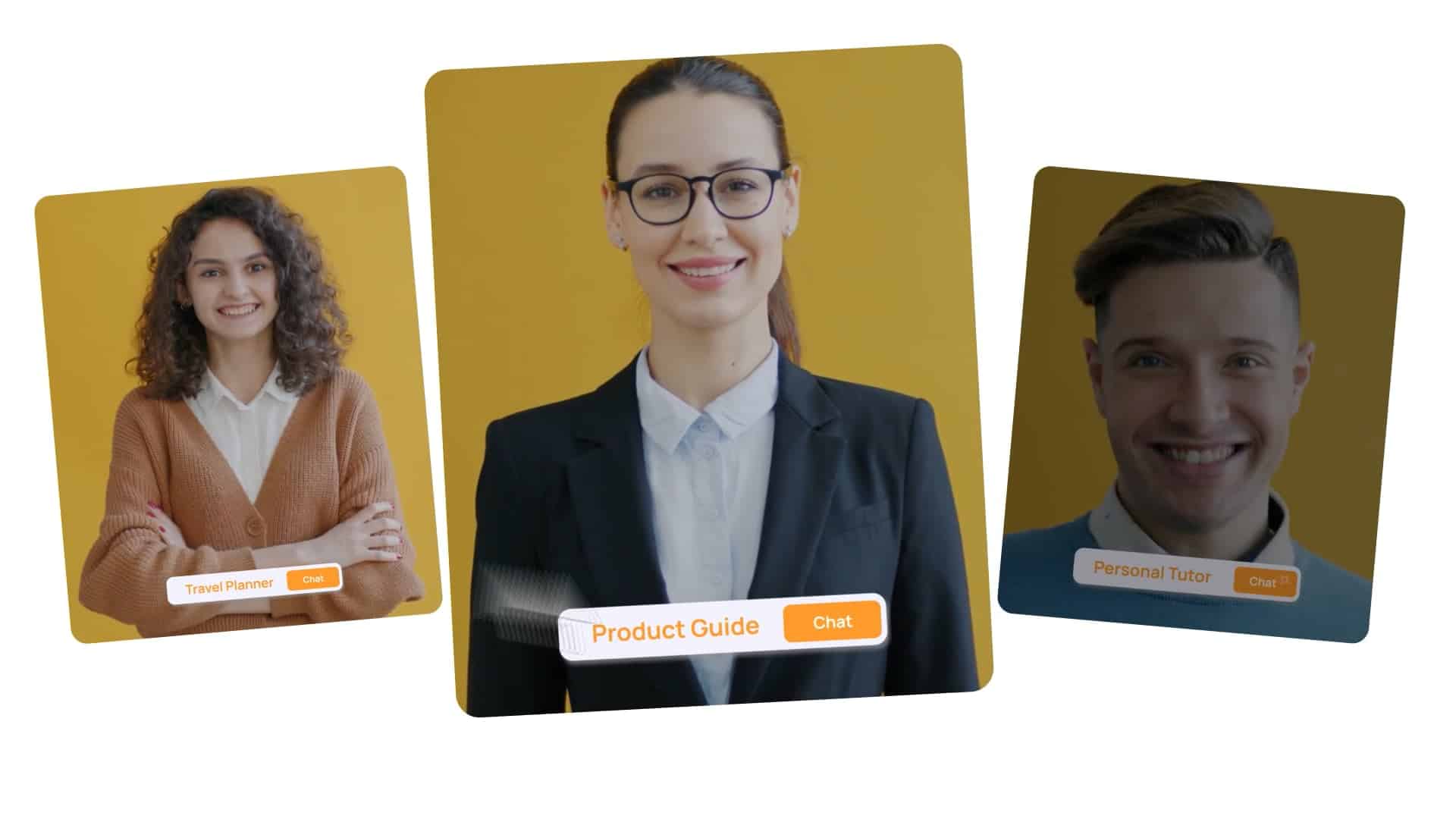 Three AI-generated digital avatars against a yellow background, each labeled with roles: Travel Planner, Product Guide, and Personal Tutor, with "Chat" buttons below their titles.
